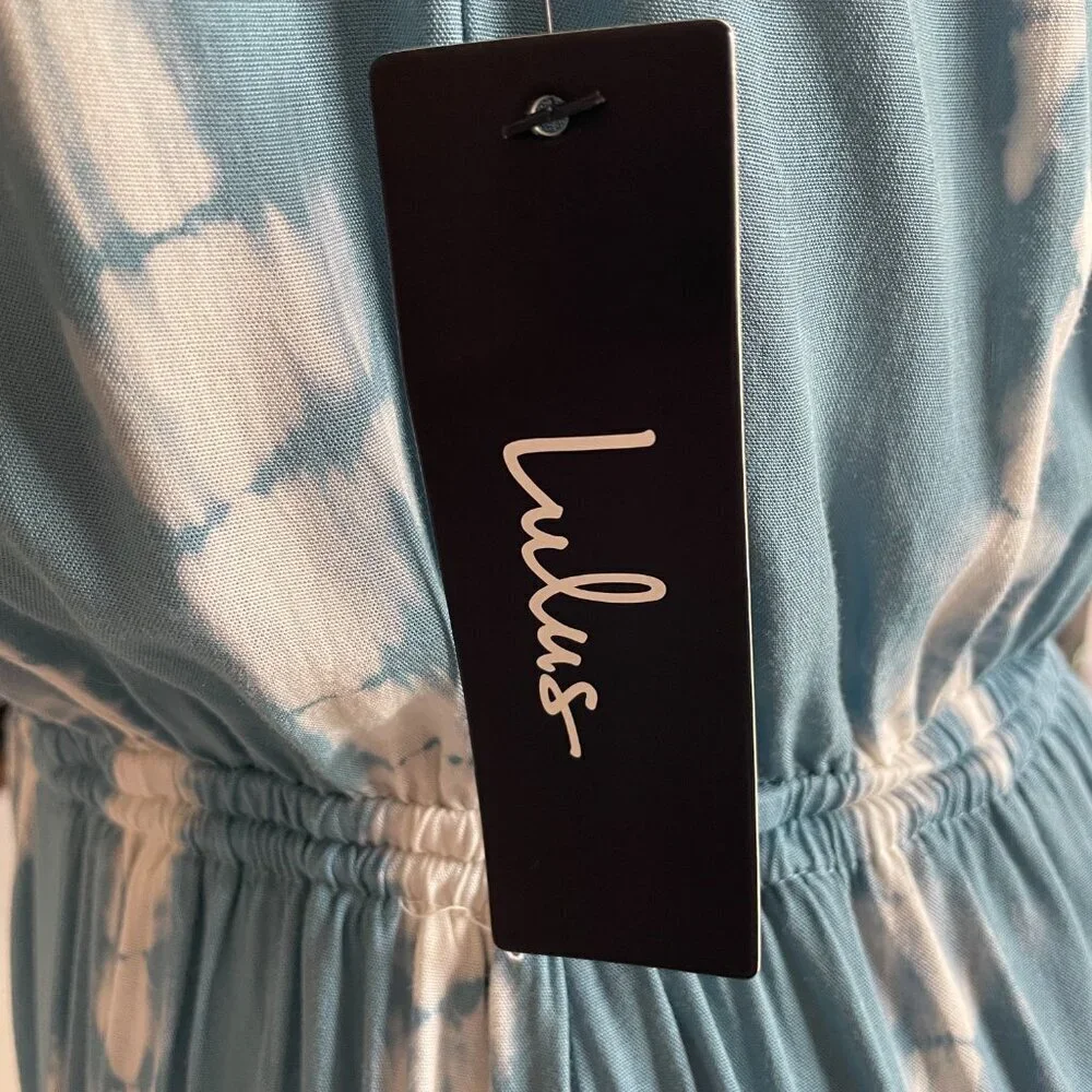 NWT Lulus In a Daydream Blue & White Tie-Dye Maxi Dress - Halter Dress, Size M - Picture 8 of 10